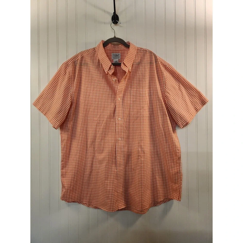L.L. Bean Men's Orange Gingham Button-Up Shirt Size XL 100% Cotton Short‎ Sleeve